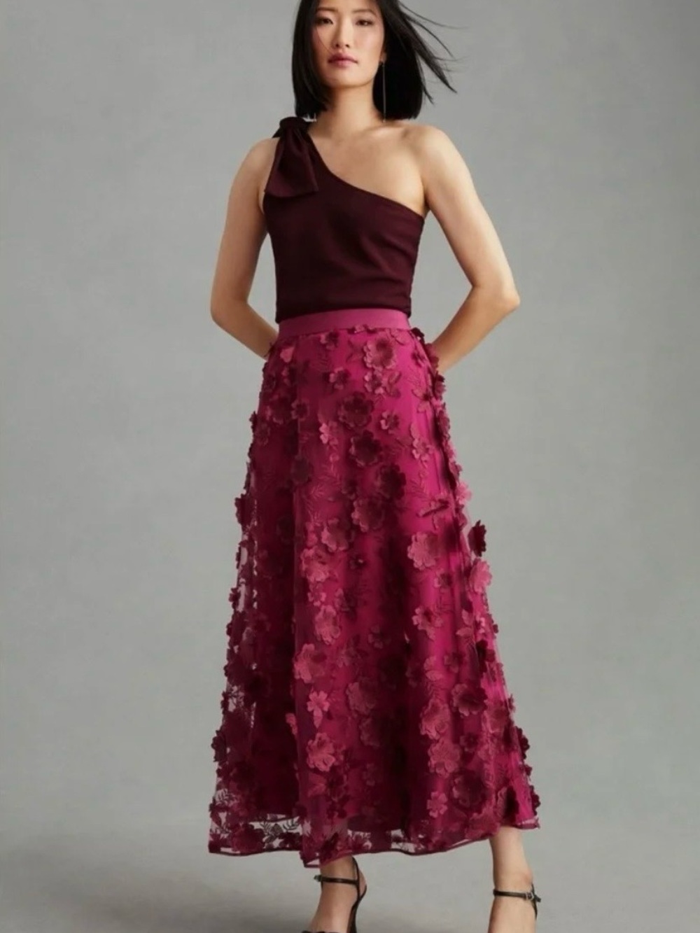 Anthropologie Burgundy 3D Floral Maxi Skirt